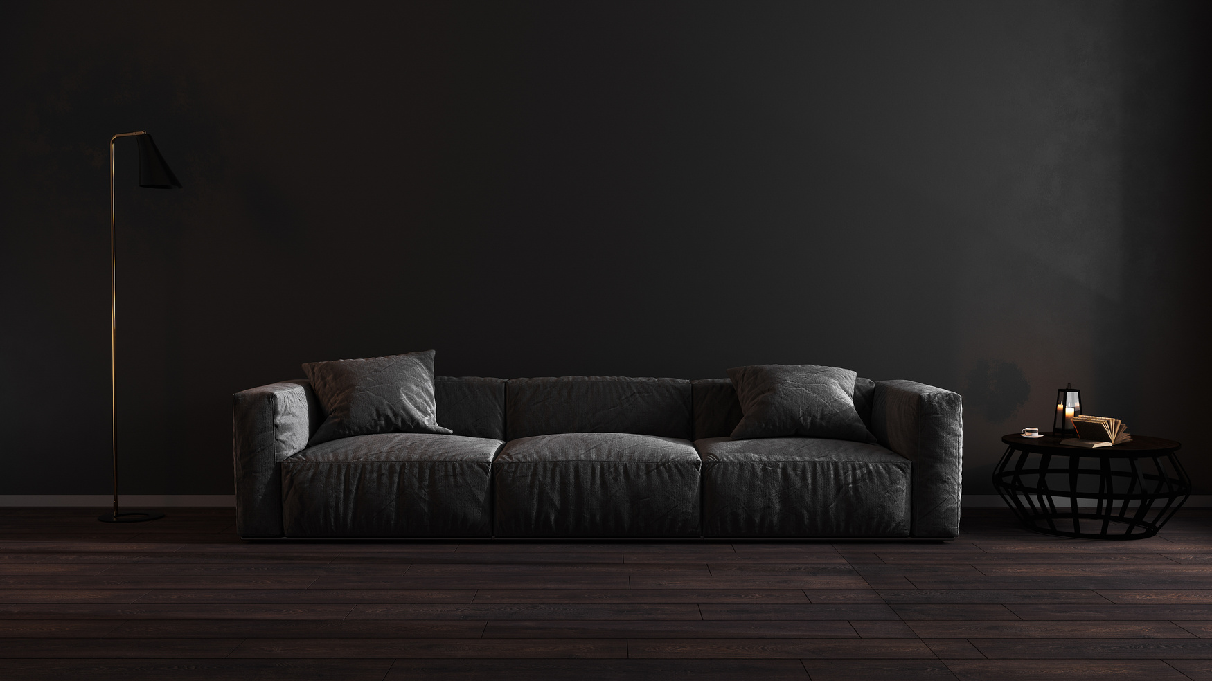 Luxury Dark Living Room Interior with Gray Sofa Mock up, Modern
